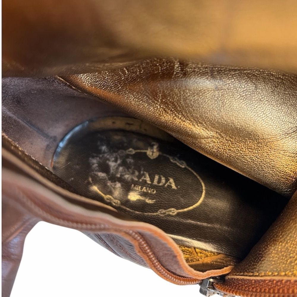 Prada Brown Leather Embroidered Pointed Toe Kitten Heel Bootie Italy EU 38.5 Y2K - Picture 5 of 6